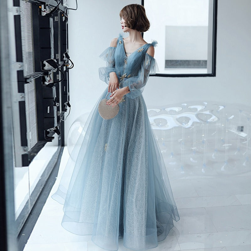 Dinner dress party Blue Evening Dress Banquet Birthday Annual Meeting Host Performance and Show Long Tulle Dress Fairy H291