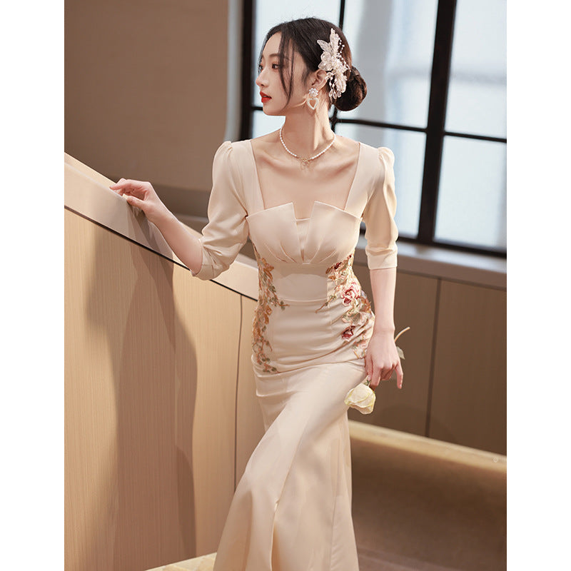 Champagne Evening Dress for Women Banquet Temperament Host Fishtail Dress Square Collar Dress H885