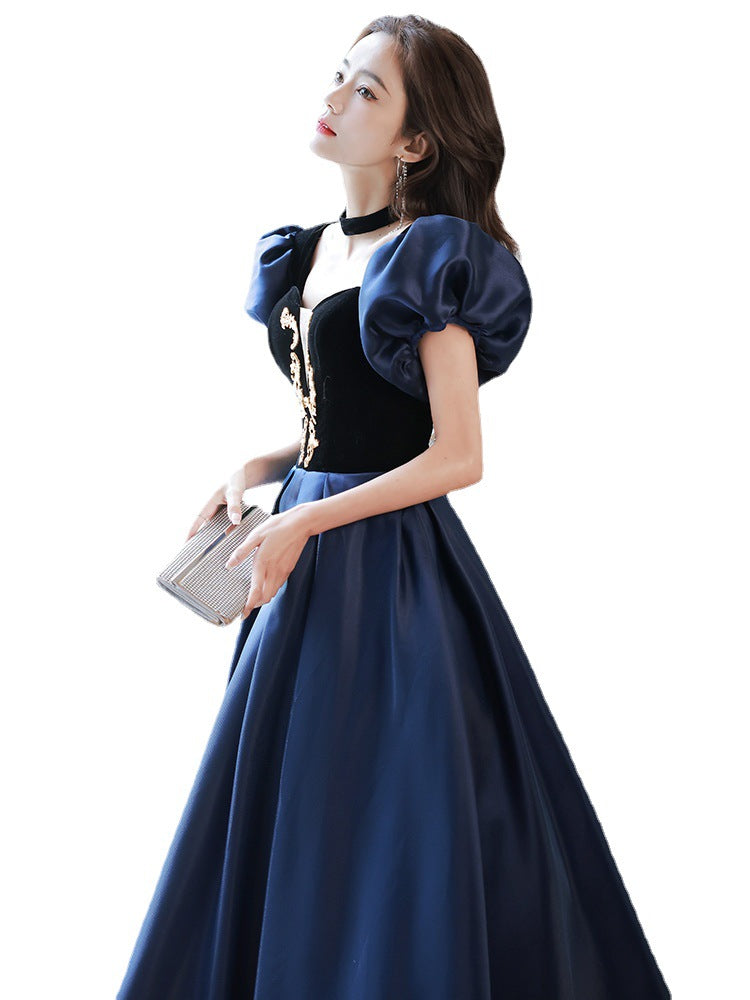 Blue Evening Dress for Women 2022 New Style Host Design French Solo Vocal Music Art Test Costume