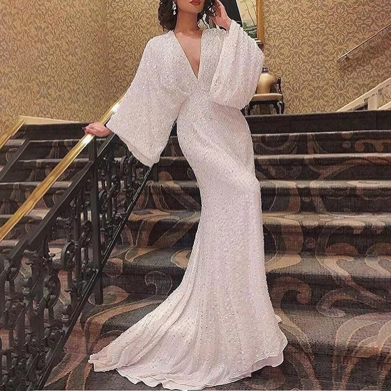 Evening Dress Party Sequined White Prom Dress Long Sleeve European and American V-neck Mop Long Sleeve Sequin Formal Dress Fishtail Banquet Elegant Dress H892