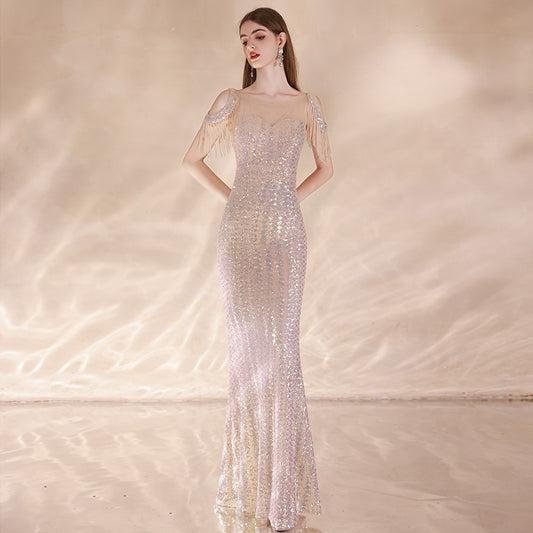 Light Luxury Fishtail Evening Dress for Women New High-End Sequined Elegant Ladies Banquet Long High-Grade L0667