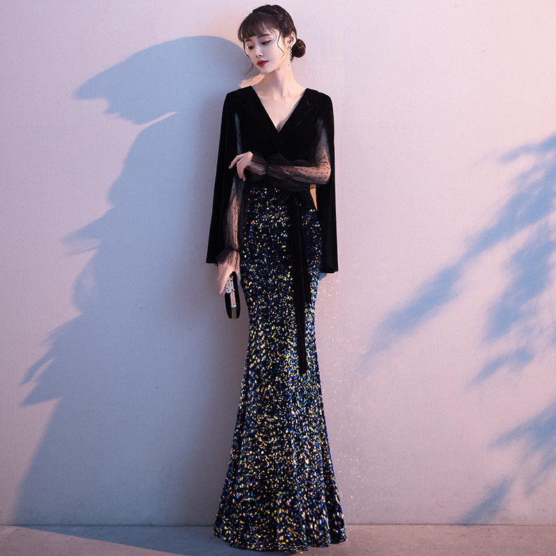 Black Evening Dress Women's 2022 Autumn New Banquet Elegant Fishtail Slim Long Temperament Annual Meeting Host H726