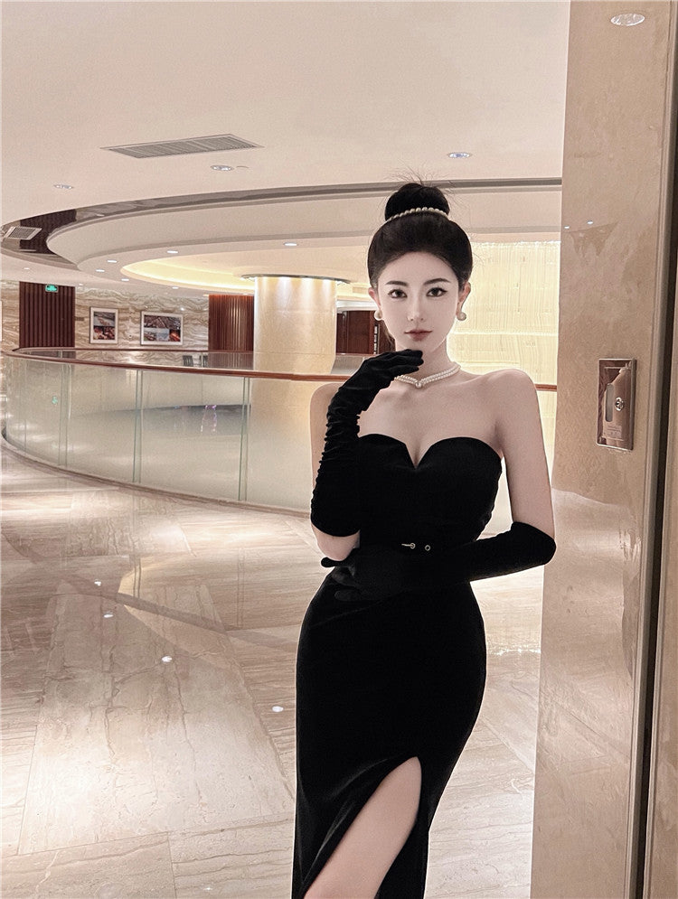 Dinner dress Black Dresses party gown silk Women's French Hepburn Style Waist-Tight Sexy Velvet Strapless Dress Oversleeves