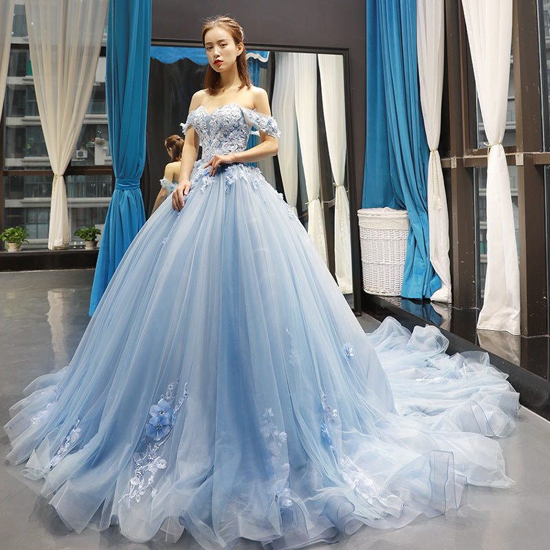 Sky blue wedding dress flower long dress off shoulder Trip Shoot Colored Mesh 2022 Summer New Bridal Solo Pettiskirt off-Shoulder Trailing Wedding Dinner Princess Dress