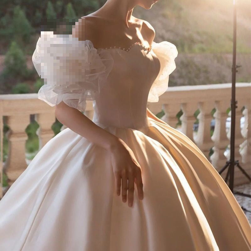 Wedding Dress Satin Bridal off-Shoulder Retro French Puff Sleeve Trailing H283