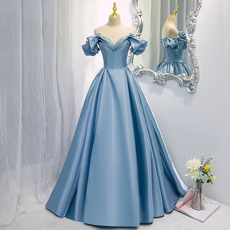 Evening Dress Sky Blue New Blue Color Satin Long French off-Shoulder Host Temperament Costume H293