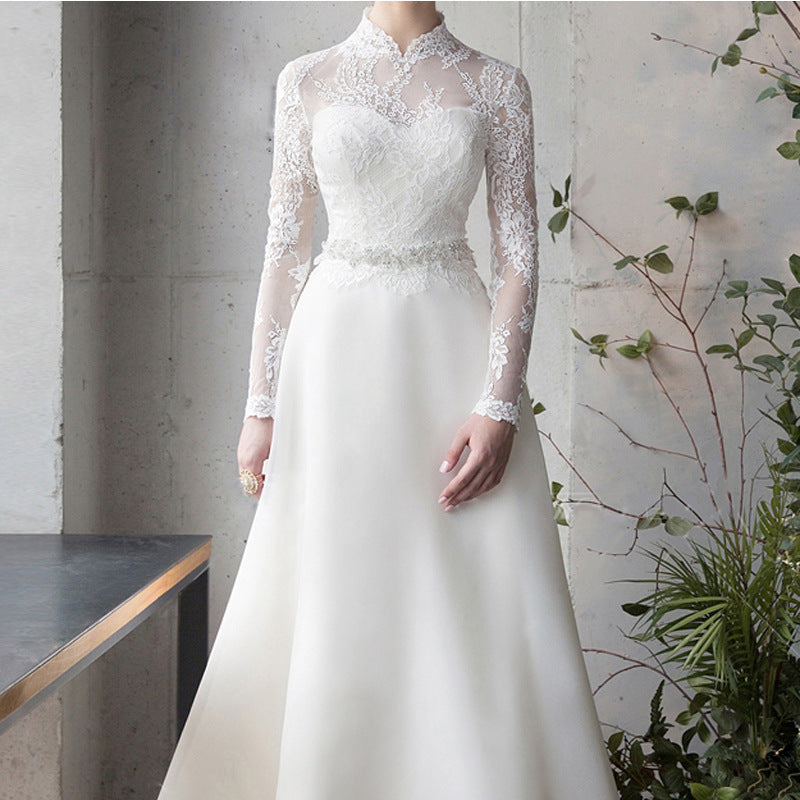 Satin dress for Wedding long sleeve Bride Graceful Mori Long Sleeve Banquet Gown Super Fairy Travel Shooting Wedding Dress H767