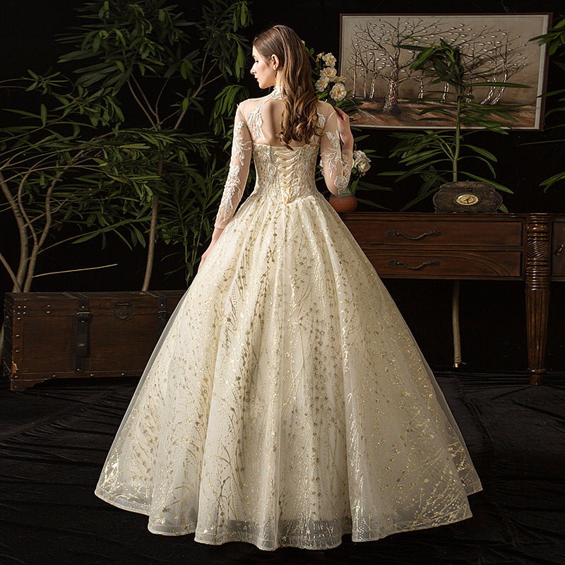 New Wedding Dress Starry Sky French Style Retro Long Sleeve Stand Collar Hepburn Bridal plus Size Tulle Tutu Wedding Dress Evening Dress