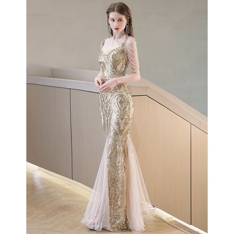 Golden dress for dinner Fishtail Evening Dress 2023 New Elegant Elegant Lady Host Banquet Party Party H268