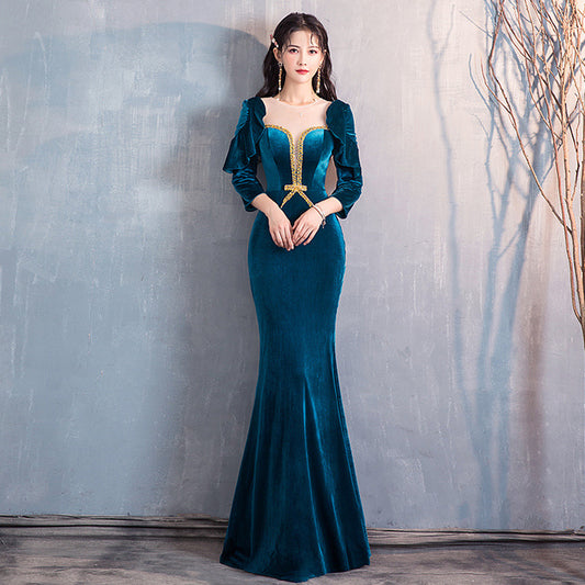 Green Blue dress Evening Dress Velvet Women's 2020 New Super Fairy Banquet Temperament Autumn and Winter Long Sleeve Host Long Show Fishtail Skirt