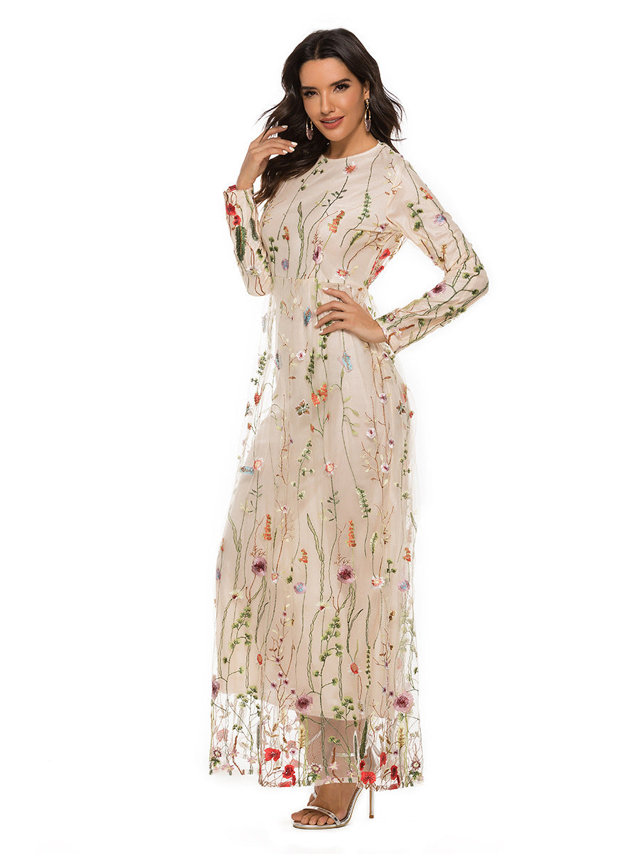 Floral dress long sleeve dinner gown party rope flower dresses gala Embroidered Dress European and American Dubai Sweet Flowers Lace Long Dress 21002