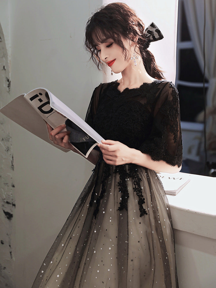 Gown Party dress gala Evening Dresses Temperament Banquet Belly-Covering Black Slimming Daily Style Host Lace shining sequin H892