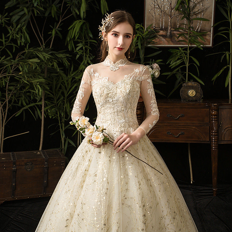 New Wedding Dress Starry Sky French Style Retro Long Sleeve Stand Collar Hepburn Bridal plus Size Tulle Tutu Wedding Dress Evening Dress