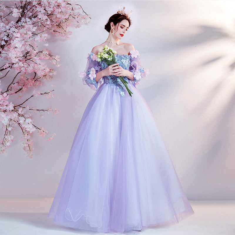 FLOWER DRESS Fantasy Purple Bell Sleeve Bridal Wedding Toast Dress Annual Meeting Performance Evening Dress H234