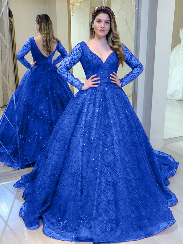 GREEN DRESS Blue Wedding Dress Autumn and Winter New Long Sleeve Sequin Sequined Formal Swing Dress Sexy V-neck Banquet Dress New Wish