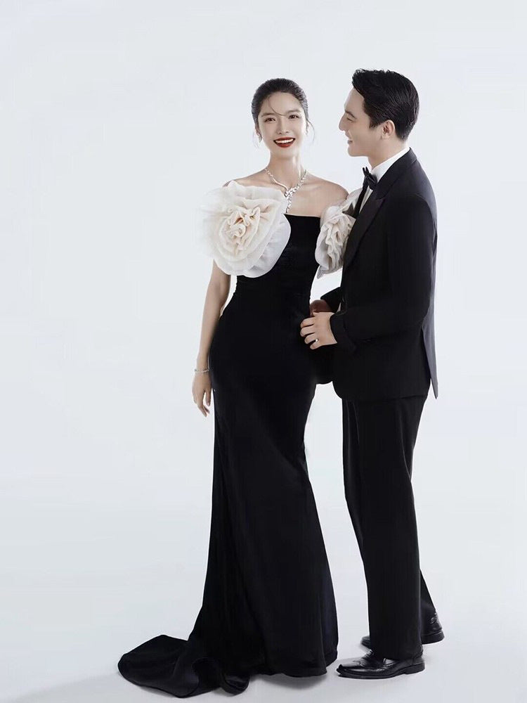 Wedding Dress Fashion Simple Couple Photography Black Sleeve Velvet Gown off Shoulder H890