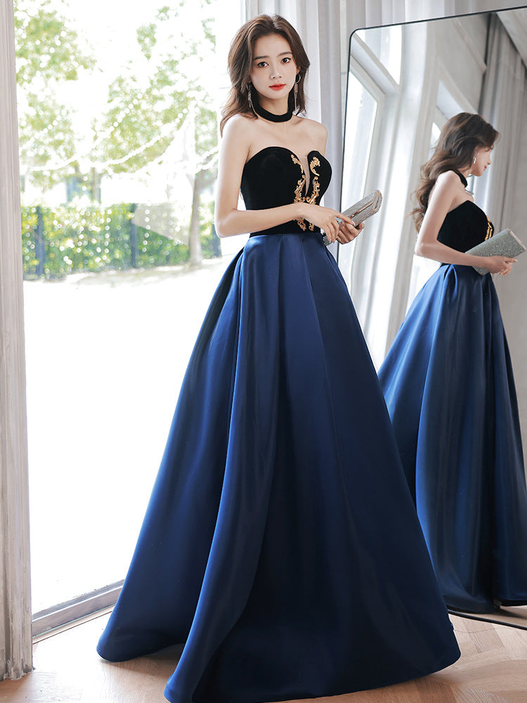 Blue Evening Dress for Women 2022 New Style Host Design French Solo Vocal Music Art Test Costume