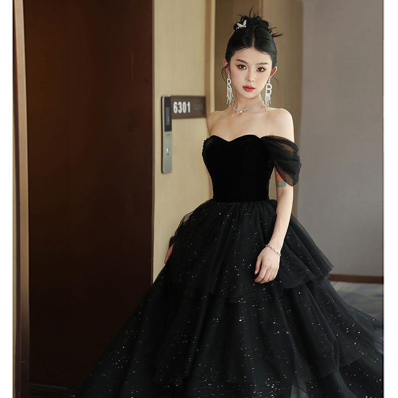 Ball dresses gala Black Evening Dress Banquet off-Shoulder LACE sequin birthday party dress dinner gown formal cArt Exam H289