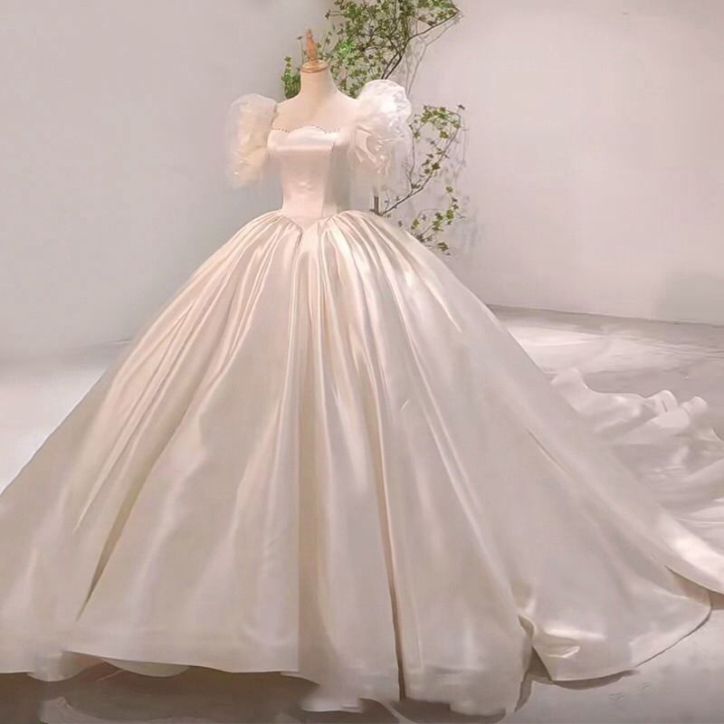 Wedding Dress Satin Bridal off-Shoulder Retro French Puff Sleeve Trailing H283