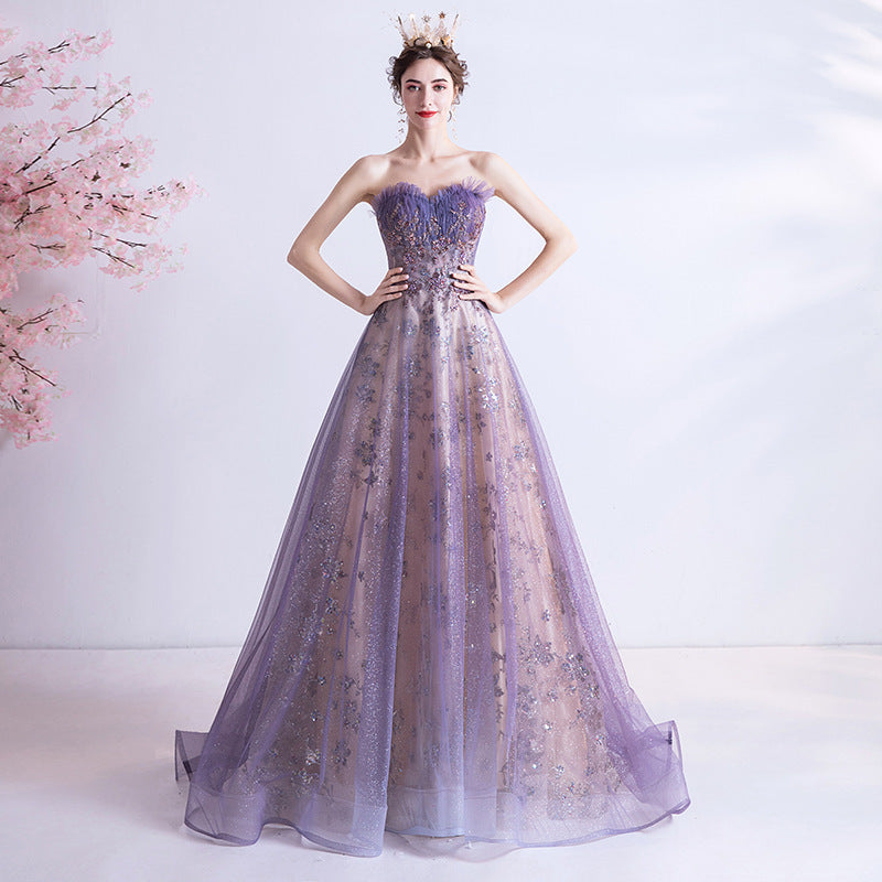 Pueple Annual Party Evening Dress 2022 Summer New Sexy Tube Top Purple Sequins Starry Skirt Wedding Bride Art Exam long dress