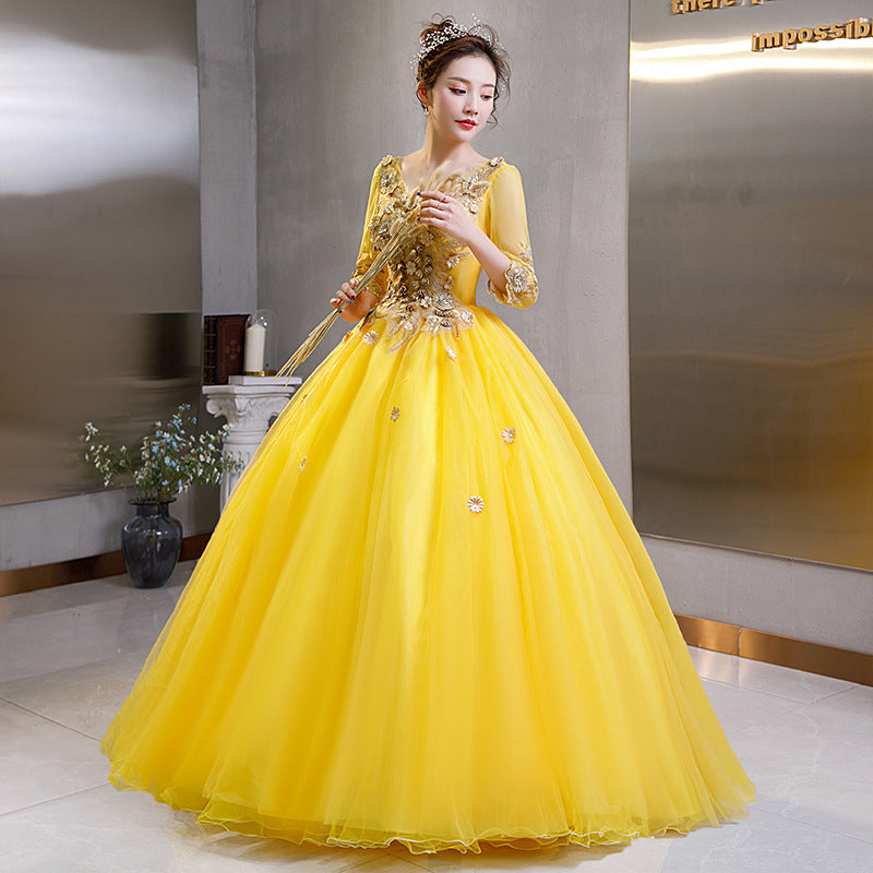 Lemon yellow dress long dress Colored Mesh 2022 New Student Vocal Host Performance Solo Art Exam Clothing Pettiskirt Long Evening Dress for Women