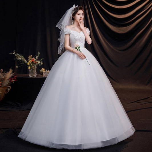 Wedding Dress off-Shoulder V-neck Floor-Length Wedding Dress Square Shoulder Studio Large Size Lace-up Strap White Yarn Slimming Korean Style H892