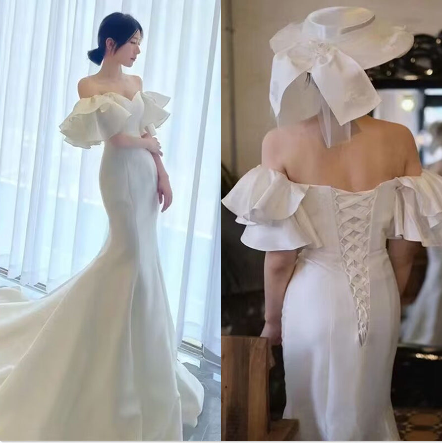 Bridal Dress Wedding Dresses Dinner Party Simple Retro Off-Shoulder Elegant Trailing French Dress H890