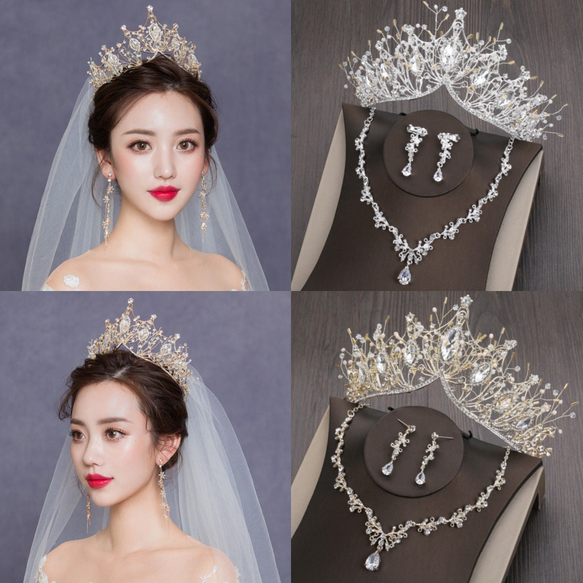 Bridal Grand Crown  Fairy Style Headdress Three-Piece Set New Wedding Wedding Hair Accessories Birthday  Wedding Girl