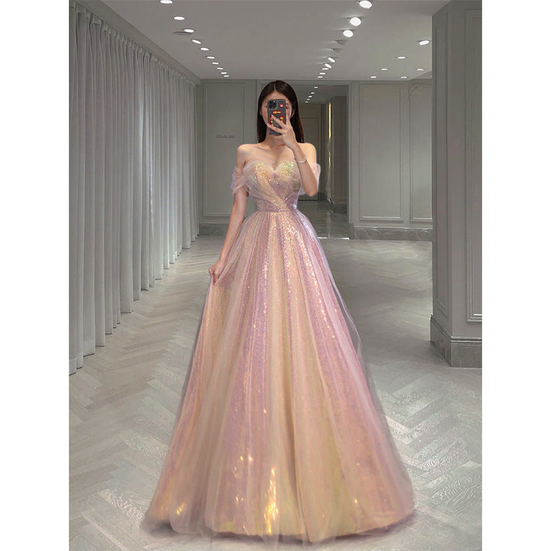 Wedding Dress Bridal Toast Dress Court off-Shoulder Starry Sequins Annual Meeting Stage Performance  Evening Dress Pile Style Sleeve Length Dress