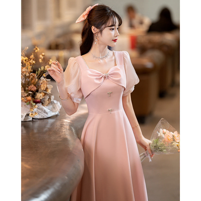 Pink Evening Dress Women's Daily Style Small Dress Engagement Dress High-Grade Bridesmaid Dress Spring and Autumn H289