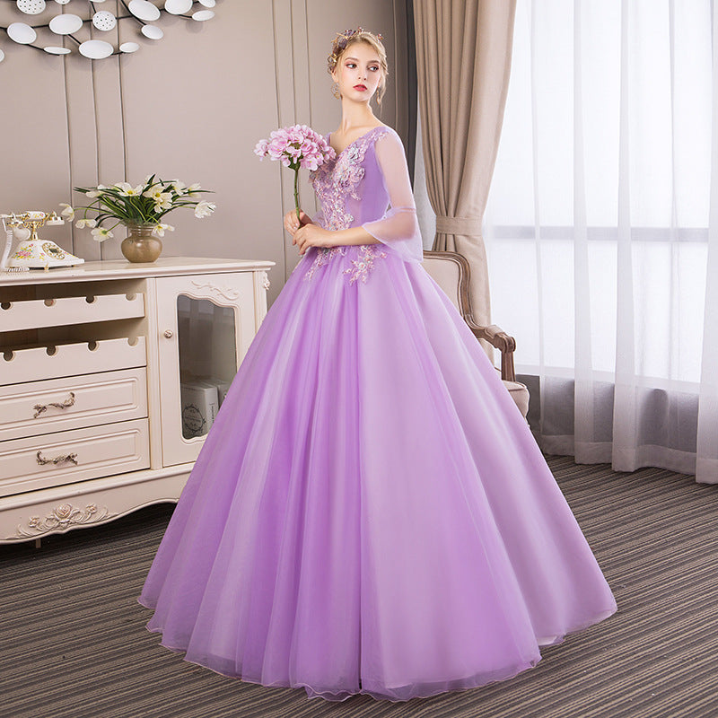 Wedding dress purple dress Violet dress long sleeve dress Women's Long Vocal Music Art Test Dress Annual Meeting Host Pettiskirt LAS374