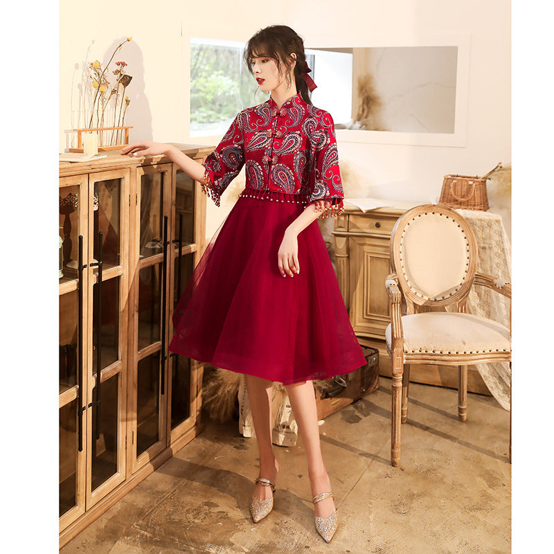 red dress Toast Dress Bride 2020 New Autumn and Winter Wine Red Marriage Engagement Long Sleeve Dress Female Cheongsam Dress LAS370