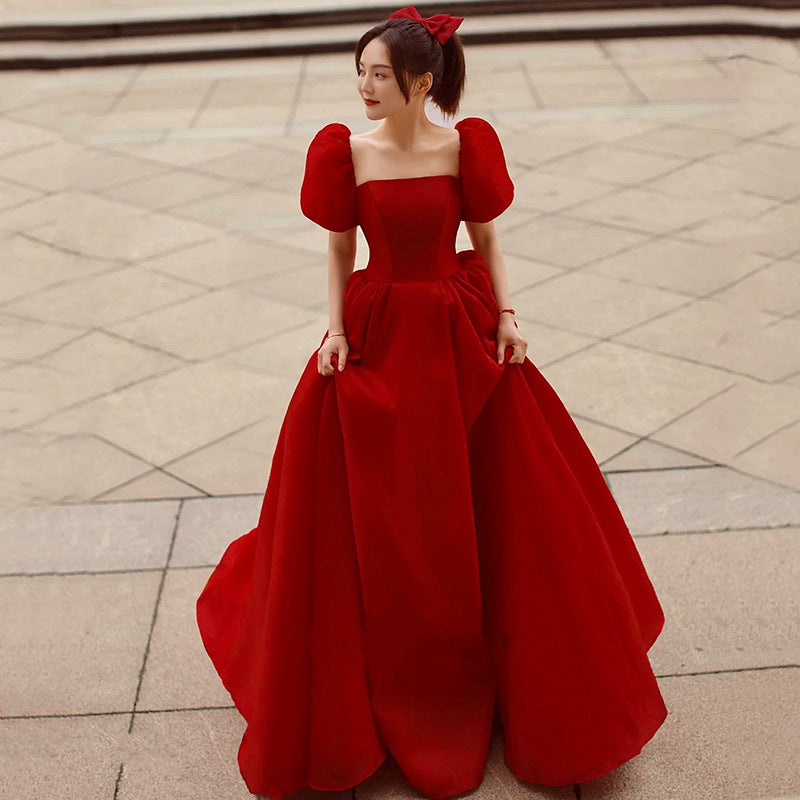 French Light Wedding Dress 2022 New Bridal Red Satin Graceful Tube Top Wedding Wedding Veil Simple Elegant Evening Dress