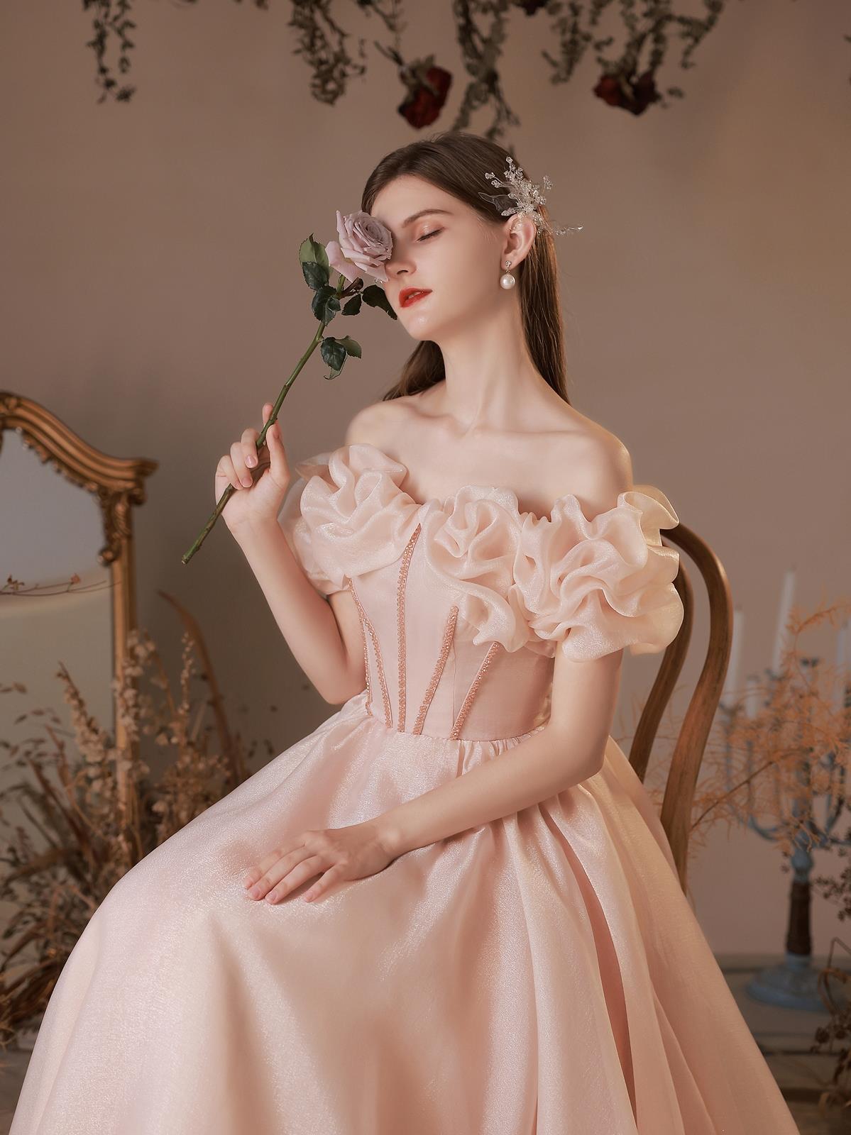 Pink Dress off Shoulder flower dress Toast Clothing Small Bride Temperament High Sense Fairy Temperament Host's Dress Bridesmaid LAS428