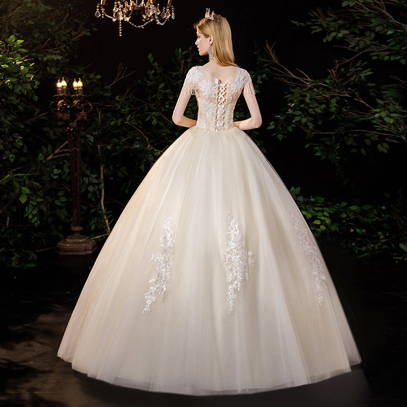 French Wedding Dress OFF SHOULDER  Temperament Bride Starry Sky V-neck off-Shoulder Small H992