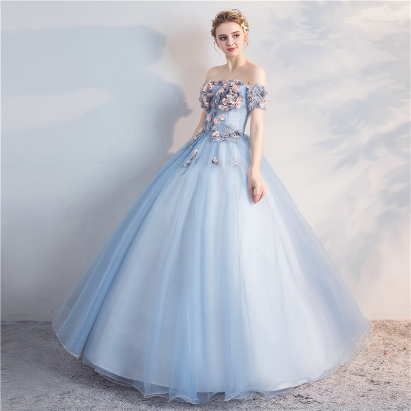 Sky Blue Wedding Dress Host Clothing Evening Dress 2023 New Bubble Skirt Bel Canto Solo Art Exam Host Formal Dress off-Shoulder Long Performance Dress H567