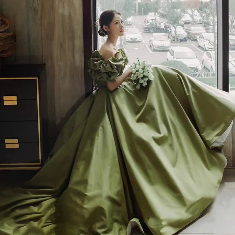 French Evening Dress Green dress wedding dress New Green High-Grade off-Shoulder Satin Host's Dress Dress Elegant