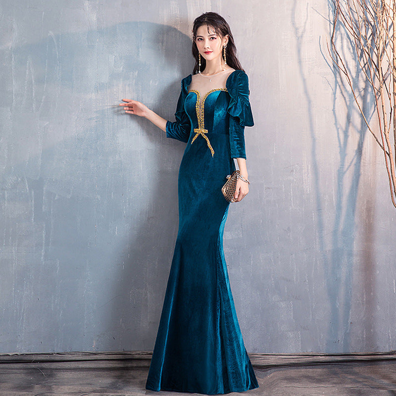 Green Blue dress Evening Dress Velvet Women's 2020 New Super Fairy Banquet Temperament Autumn and Winter Long Sleeve Host Long Show Fishtail Skirt