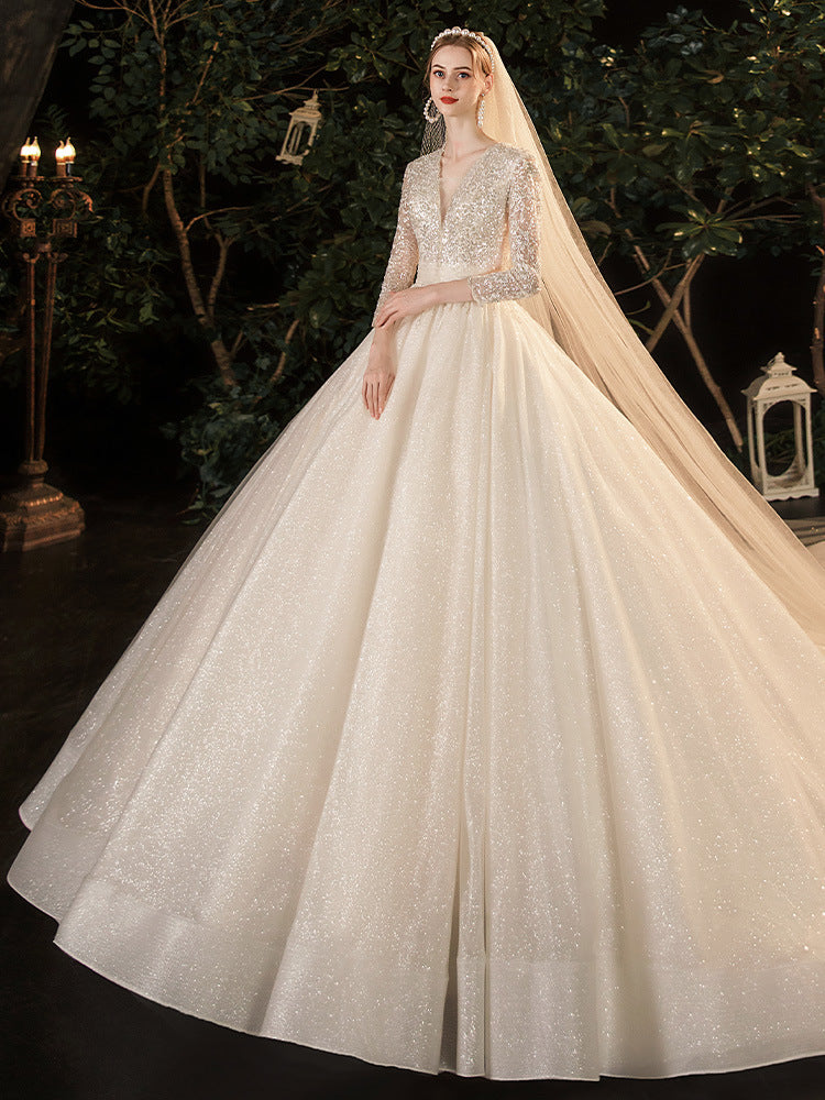 French Style Wedding Dress Bride Elegant Gorgeous Starry Sky V-neck Long Sleeve Mori Style Fairy Dream Trailing L0250