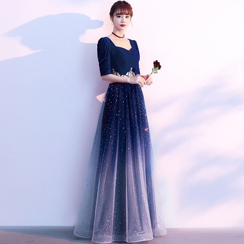 Evening Dress Sky Blue Banquet Gradient Dress Long Sleeve Skirt Party Dress H298