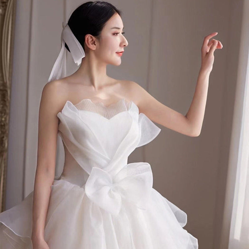 Off Shoulder Dress French Light Main Wedding Dress 2023 New Temperament Bride Super Fairy Simple Elegant Court Tail Small Man Wedding Veil H578