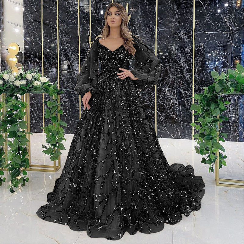 Gold Dress gown ball dresses party Beaded Ball Party Evening Dress Dress Sequined Lace Breathable and Transparent Birthday Party Long Sleeve Aura Queen Dress H2839