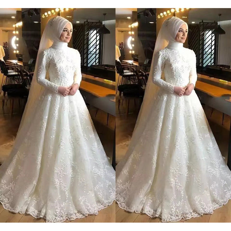 Muslim Wedding Dress Long Sleeve Dress Bridal Wedding Long Sleeve White Dignified Elegant Foreign Trade Wedding Dress H999