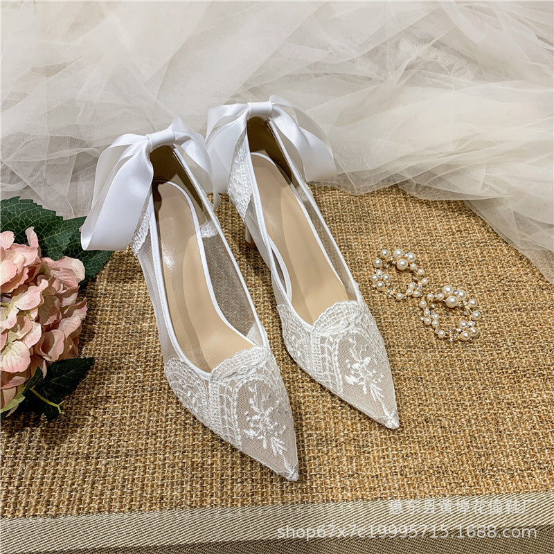 French Style Wedding Shoes Lace Bridesmaid Shoes White Pointed High Heels Women's Stiletto Heel Design Sense Niche Bridal Shoes H278