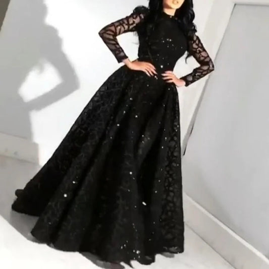 Long Sleeve Dress Party Dinner Gown Dress round Neck Long Sleeve Sequined Puffy Evening Dress