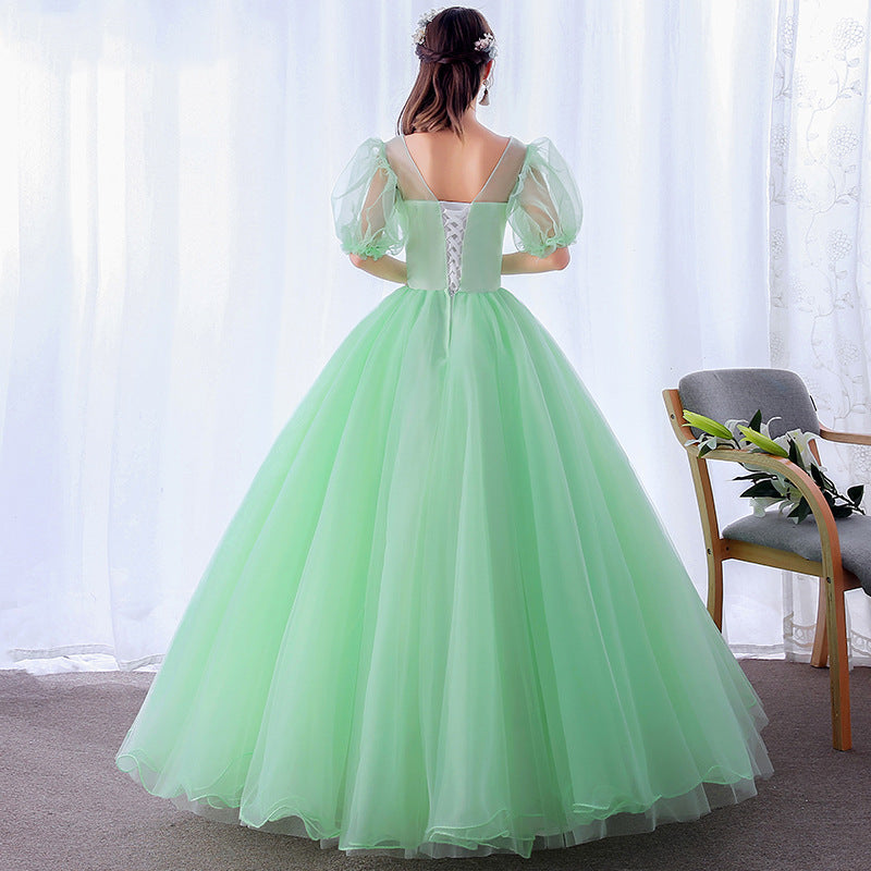 Light Green Wedding Dress Mint Green Maxi Dress Colored Mesh 2023 New Student Puff Sleeve Vocal Music Art Test Gown Women's Pettiskirt Long H099