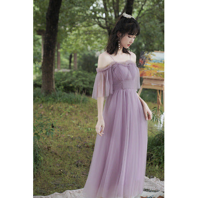 Purple Dress Bridesmaid Dress 2022 New off-Shoulder Bridesmaid Group Sisters' Clothes Graduation Chorus Daily Performance Slimming Dress H756