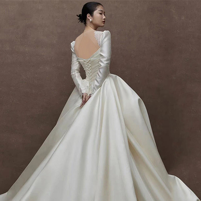 Satin Wedding Dress Bride 2022 New Main Yarn Retro Light Wedding Dress Advanced Wedding Veil Small Long Sleeve Winter dress LAS479