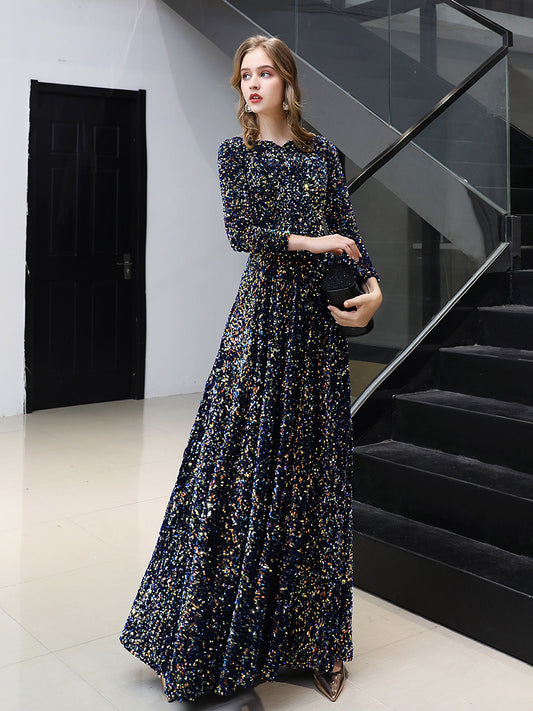 long sleeve dress wedding dress evening dress New Summer Choir Costumes Evening Dress Women's Banquet Temperament Host Red Song Command Dress LAS406