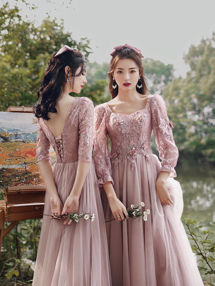 Pink Bridesmaid Dress Fairy Temperament 2022 New Spring Thickened Long Sleeve Girlfriends Ladybros' Dress Female Slimming